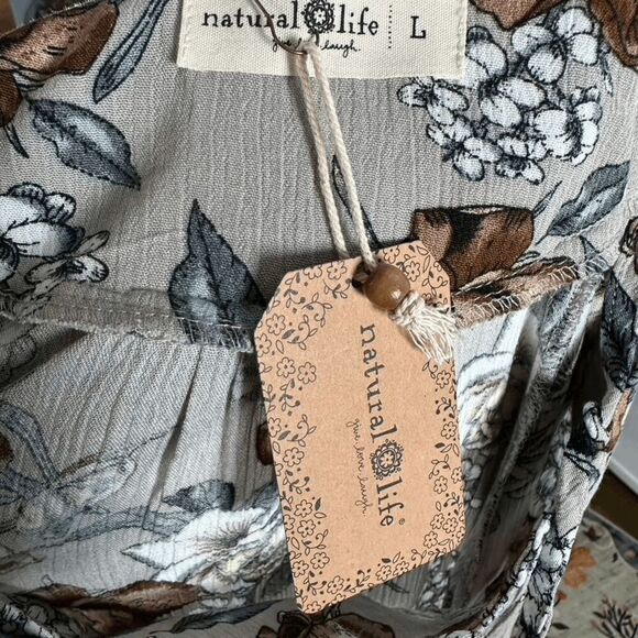 Natural Life Amelia Maxi Dress V-neck Gray Rose floral Crinkle Boho Size L NWT - Picture 9 of 11